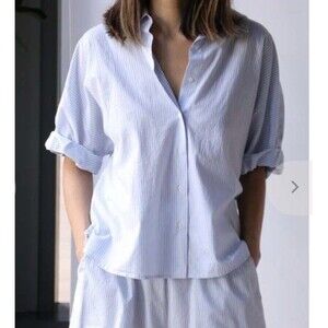 XiRENA Teddy Button Down Shirt M Blue Stripe Roll Short Sleeve Costal Minimalist